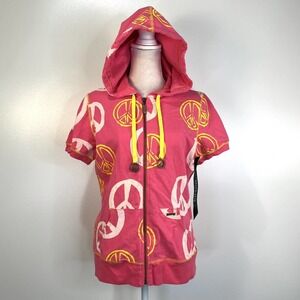 Kitson LA Peace Sign Zip Hoodie Women Large Pink Yellow Short Sleeve Y2K Romcom